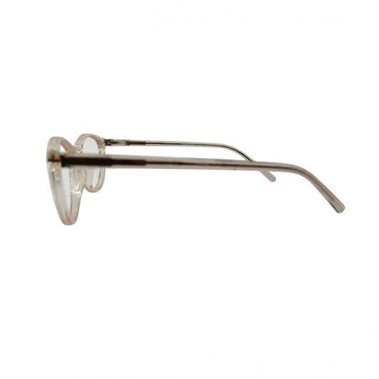 T20 Opticals Growth 8005 cat eye eyeglasses in a translucent beige plastic frame, side profile view.