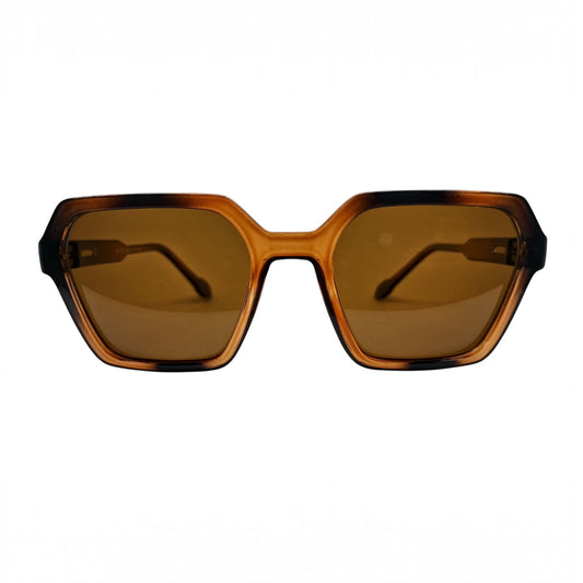 T20 Opticals Growth M-1911 angular sunglasses featuring a brown tortoiseshell plastic frame and tinted lenses.