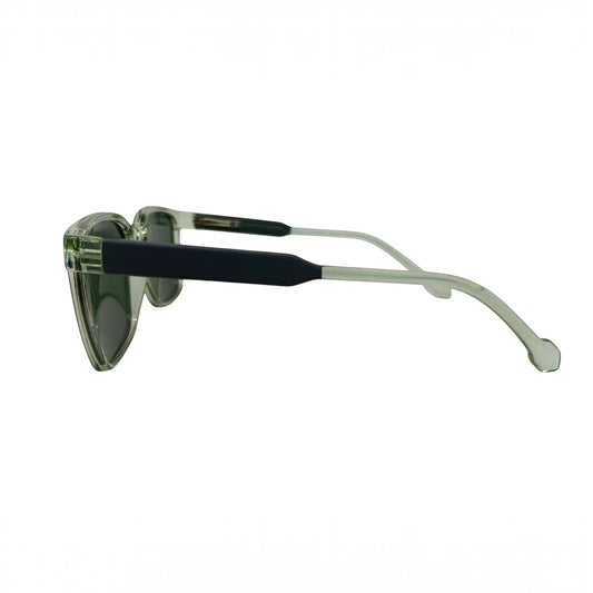 T20 Opticals Growth M-1906 square sunglasses with translucent green frames and dark blue temple arms, side view.