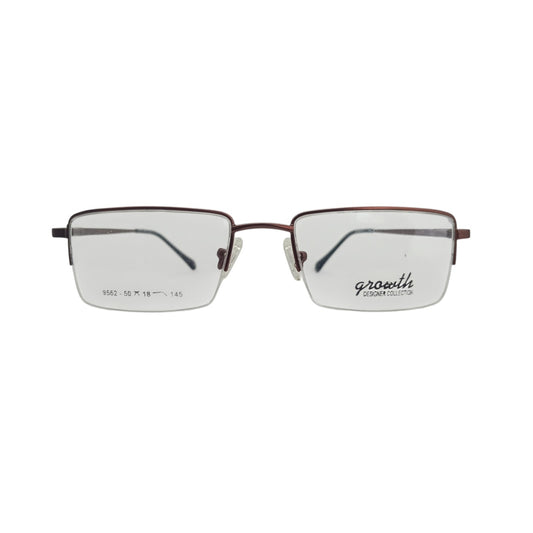 T20 Opticals Growth 9552 rectangular half-frame eyeglasses with brown stainless steel temples for a professional look.