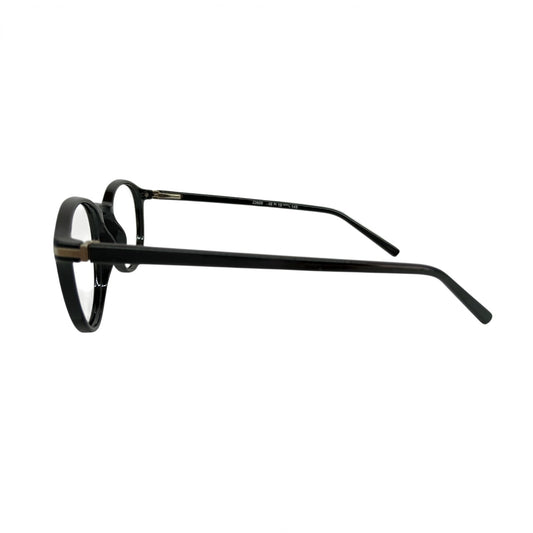 T20 Opticals Growth 23609 round black plastic eyeglasses frame shown from a side profile view.