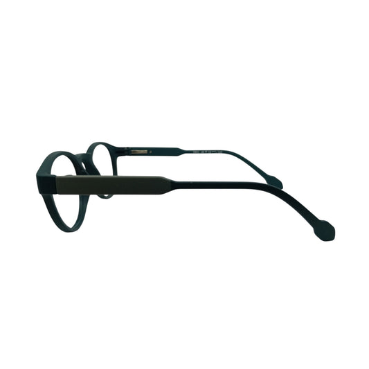 T20 Opticals Growth 1903 round plastic eyeglasses in dark green, side profile view showing temple and frame design.