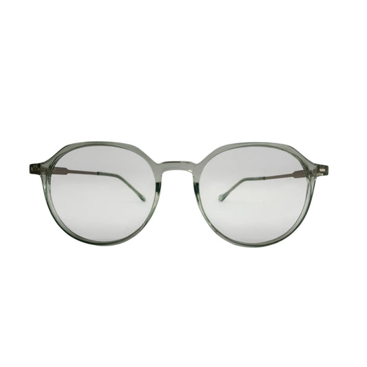 T20 Opticals Growth 3014 round eyeglasses with a translucent grey plastic frame and slim stainless steel temples.