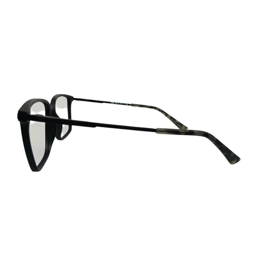 T20 Opticals Growth 1406 square eyeglasses with black plastic frames and patterned temples in a side profile view