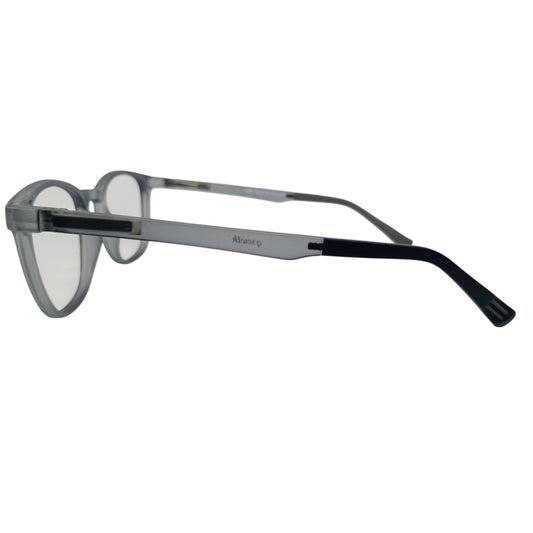 T20 Opticals Growth 1508 wayfarer eyeglasses with a translucent grey frame and black temple tips in a side view.