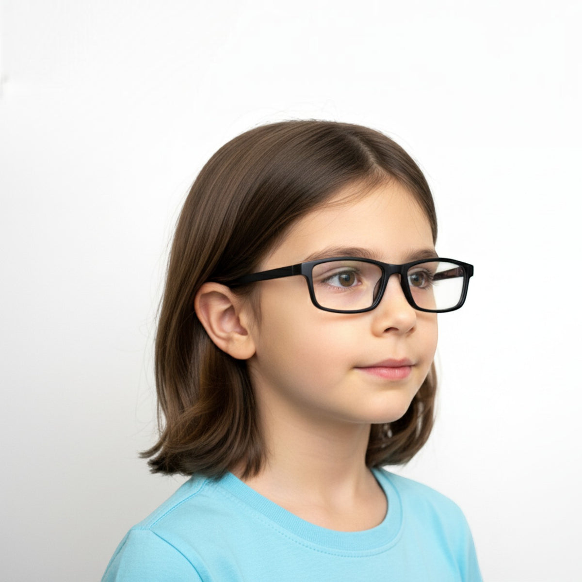 A young girl wearing T20 Opticals EYERUS KIDS 3340 black rectangular plastic frames against a white background.