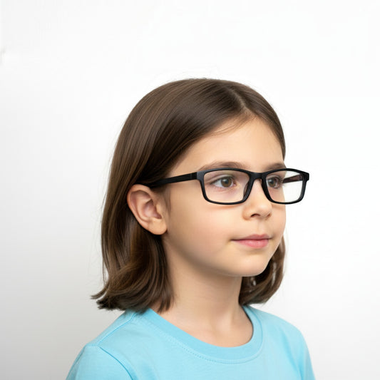 A young girl wearing T20 Opticals EYERUS KIDS 3340 black rectangular plastic frames against a white background.