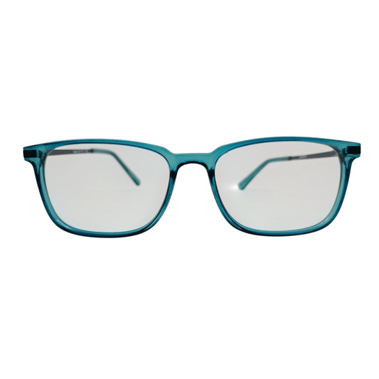 T20 Opticals Growth 1404 rectangular eyeglasses with a translucent teal plastic frame and slim metal temples.