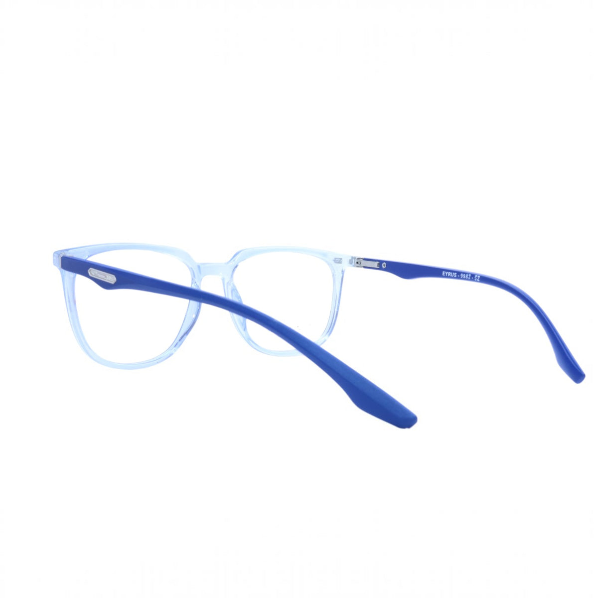 T20 Opticals EYERUS 9982 men's square panto glasses with transparent light blue front and dark blue plastic temples.