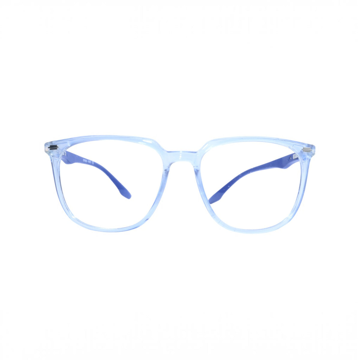 T20 Opticals EYERUS 9982 men's square panto glasses with a transparent light blue plastic frame and dark blue temples.