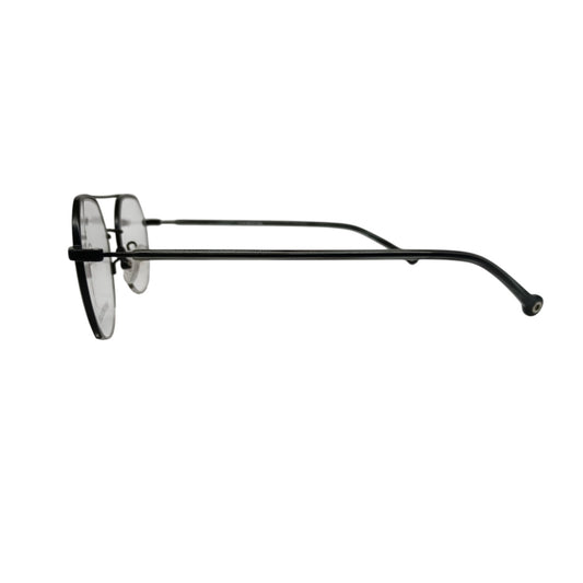 T20 Opticals Vintro Club GDM066 aviator eyeglasses featuring a black stainless steel half-frame side profile view.