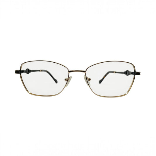 T20 Opticals Vintro Club 253112 cat eye eyeglasses with a gold stainless steel frame and acetate temples.